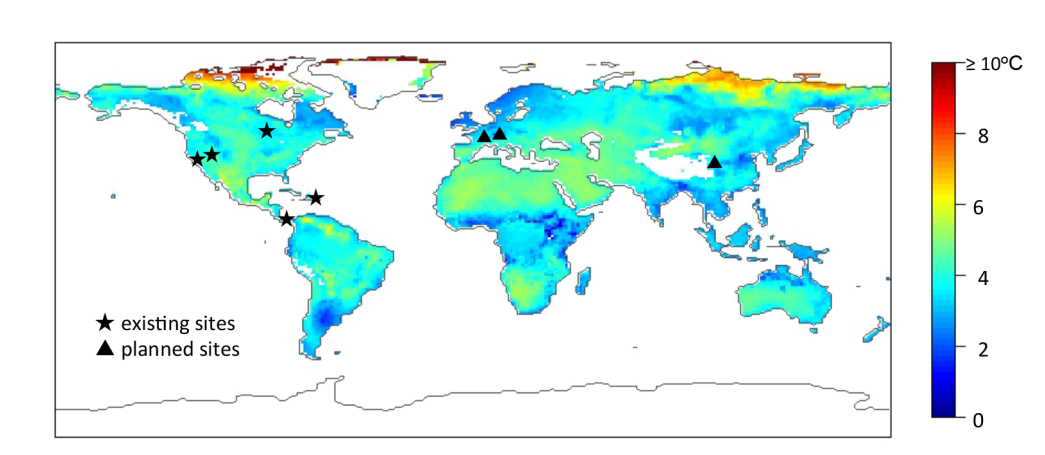 Figure 8: Existing and planned sites for the ISEN at the time of the paper publication. The global temperature map shows the predicted increase in mean temperature for 2080-2100 at 0.01 m soil depth (Torn et al. 2015)